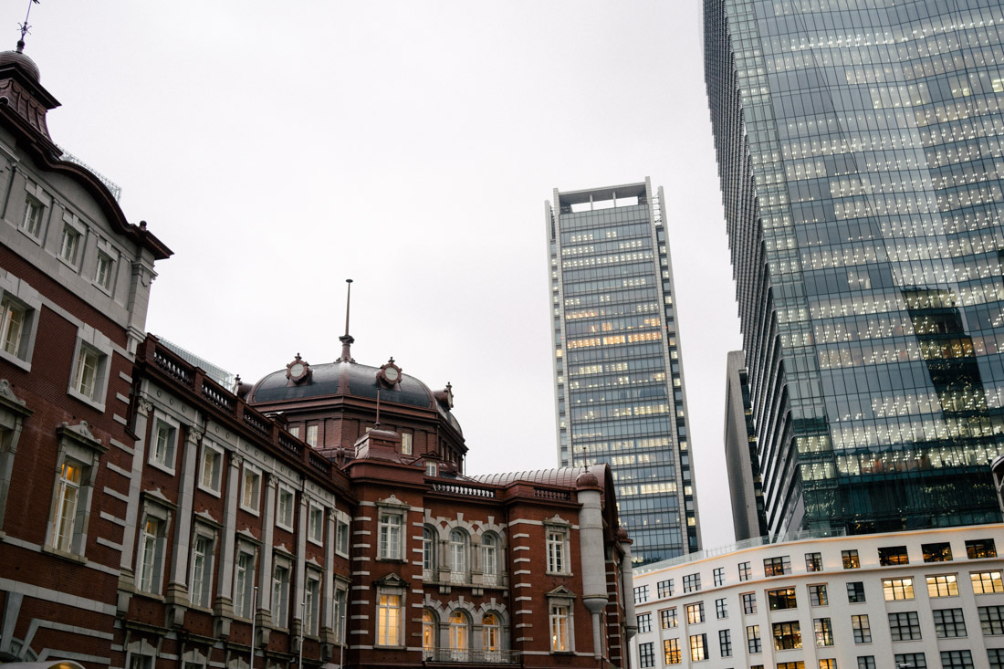 Tokyo station on the left contrasting with the huge modern skyscrapers.