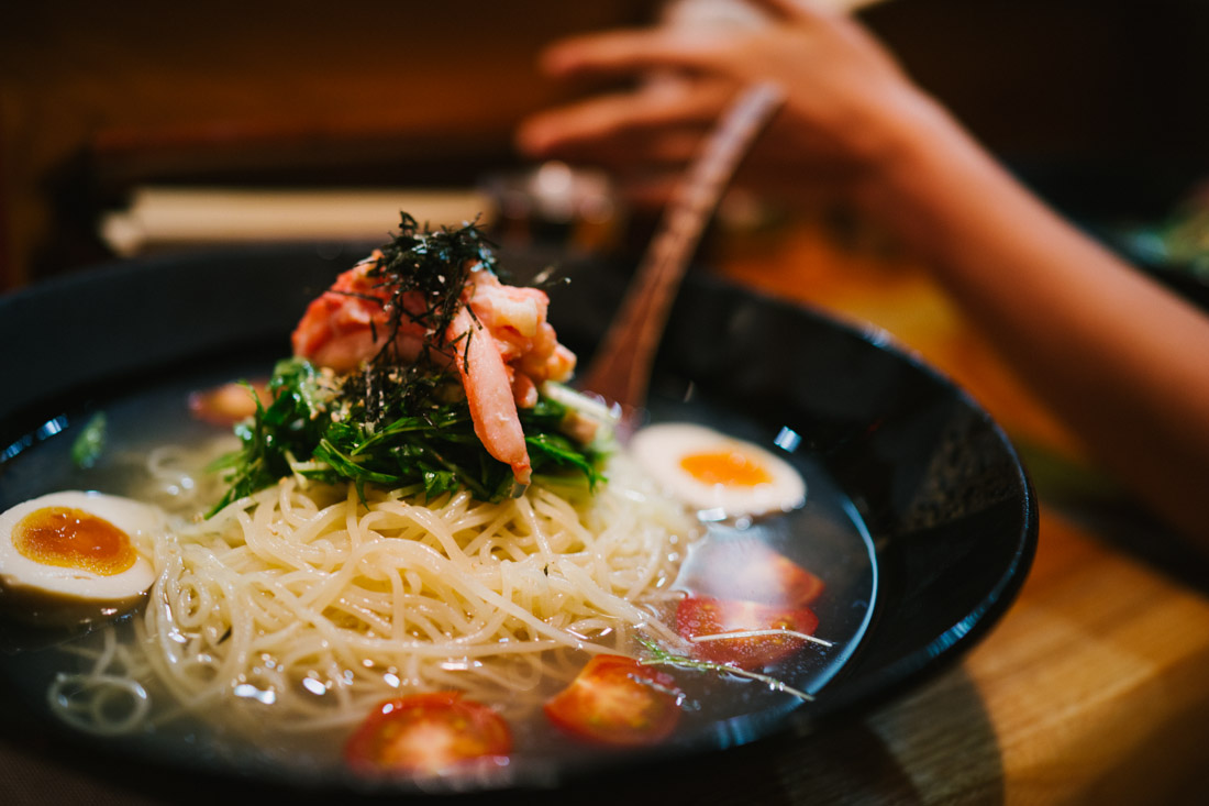 *Awesome* hiyashi-chuka with crab legs, pork, arugula, cherry tomato and nori.