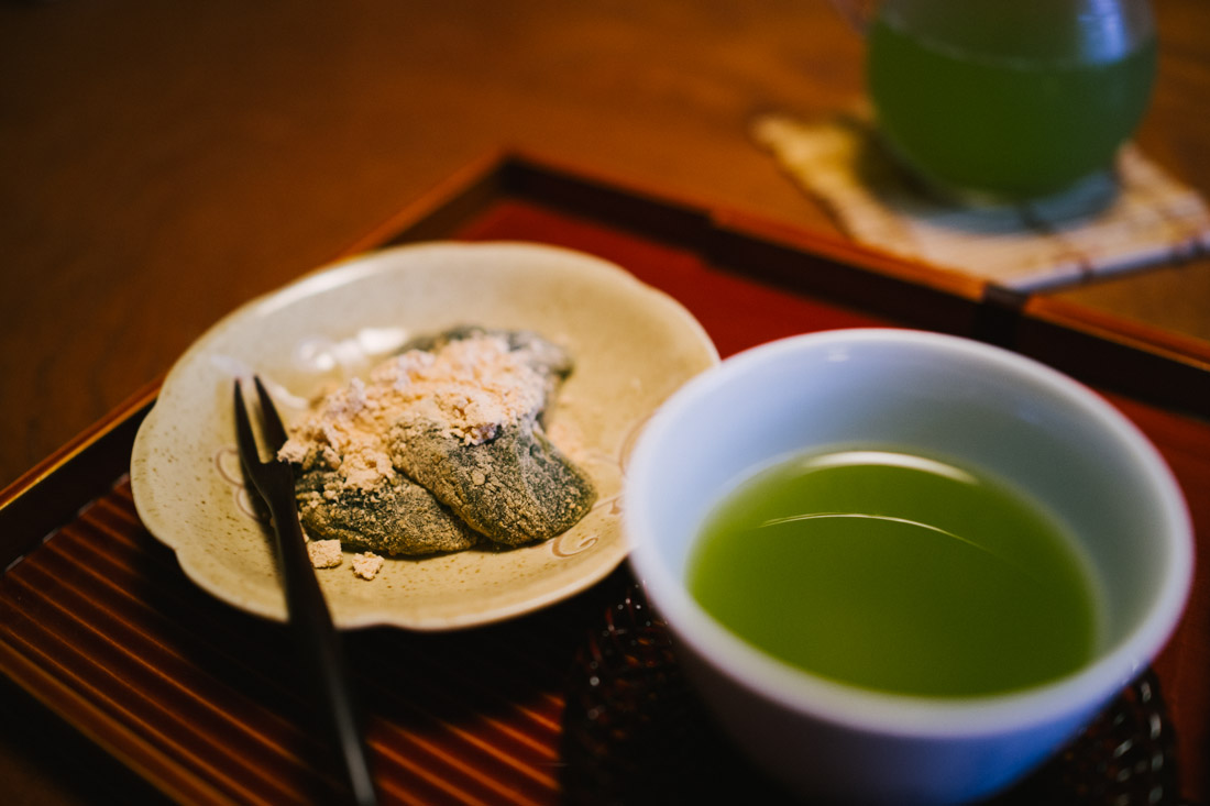 Dango and hot green tea as a welcome gift.