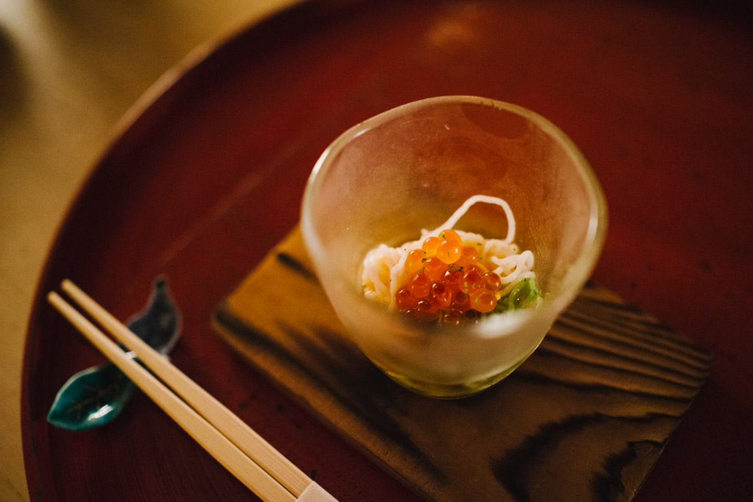 Two types of fish noodles topped with roe.