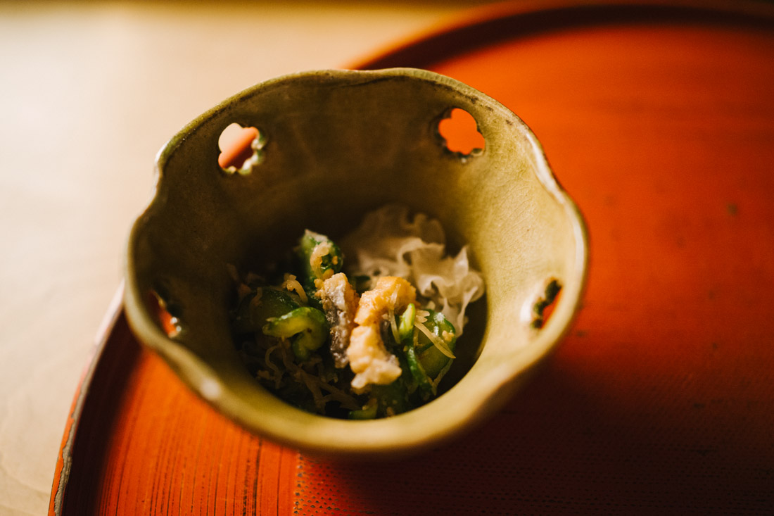 Cold eel and cucumber mix with jelly mushroom.
