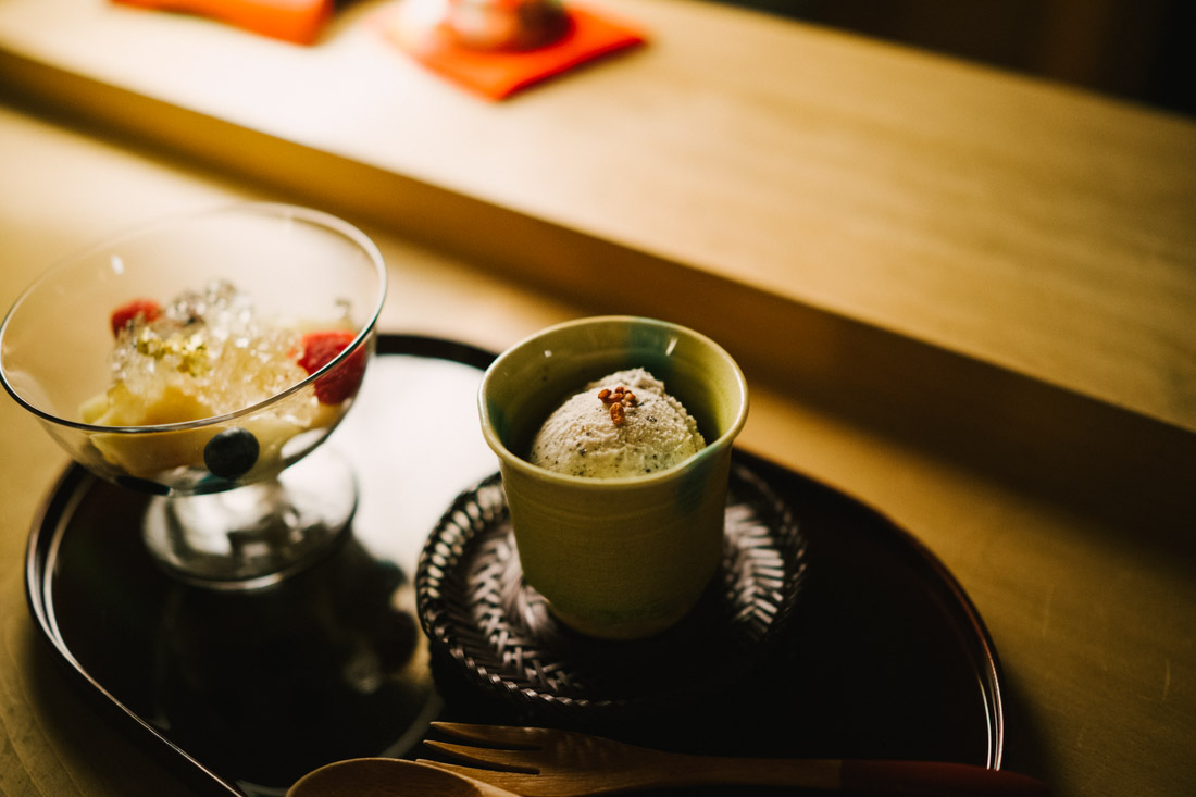 Sesame ice cream topped with crunchy fried caramel rice, and peach topped with white wine jelly and berries.