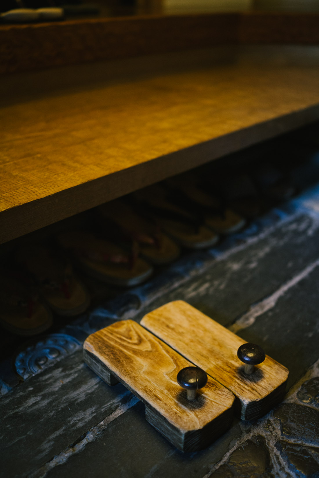 Traditional wooden geta, worn by the staff. Us, visitors, get slippers.